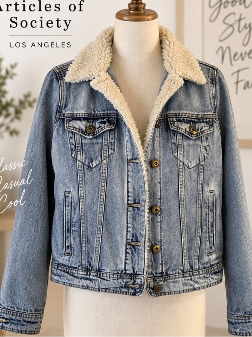 Articles Of Society Light Blue Denim Jacket with Cream Sherpa Collar (S)